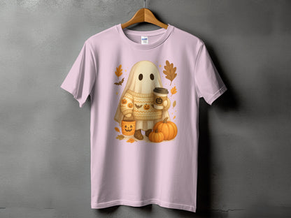 Pink t-shirt with watercolor graphic of a ghost holding coffee and candy bucket.