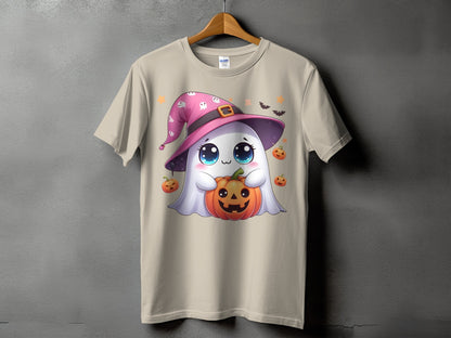 Cute ghost wearing a pink witch hat holds a jack-o'-lantern on a beige t-shirt.