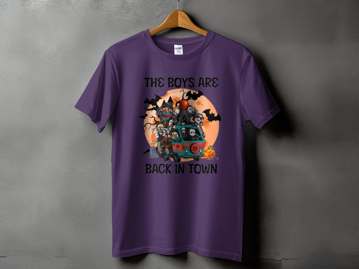Purple t-shirt with "The Boys Are Back In Town" and horror characters in a van.