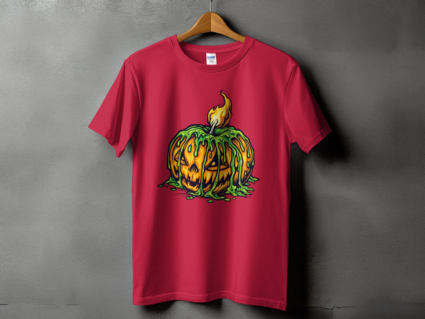 Red t-shirt with a dripping jack-o-lantern illustration and flame detail.