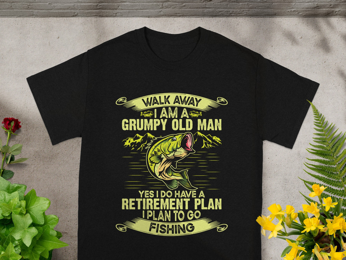 Black t-shirt with "Walk Away I Am A Grumpy Old Man" and fishing graphics.