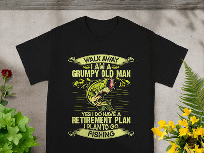 Black t-shirt with "Walk Away I Am A Grumpy Old Man" and fishing graphics.