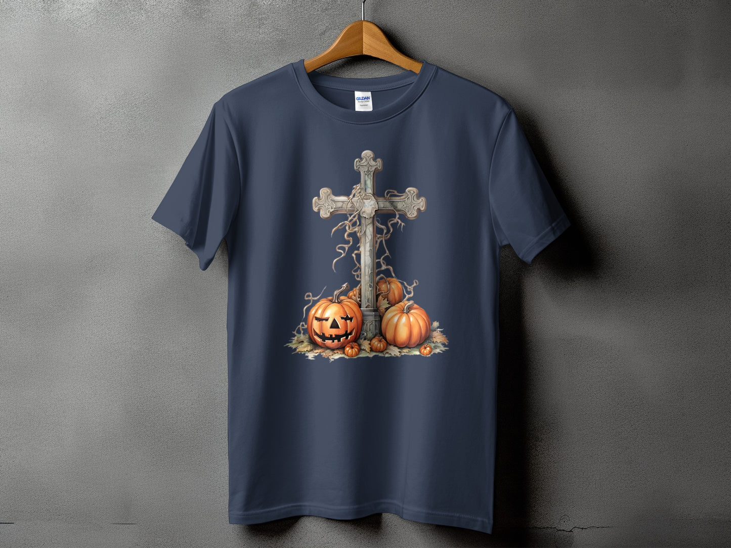 Navy t-shirt with a Halloween graphic of a cross and pumpkins.
