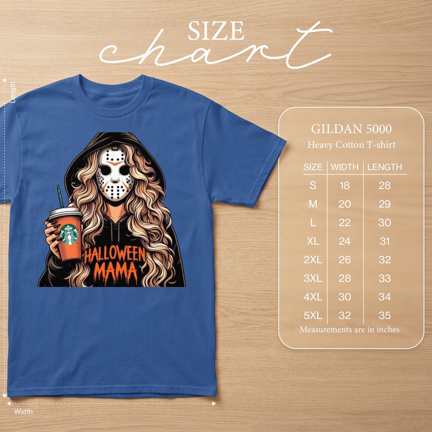 Blue t-shirt with "Halloween Mama" graphic and size chart.