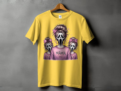 Yellow t-shirt with "MAMA" text and ghost faces with pink bows.