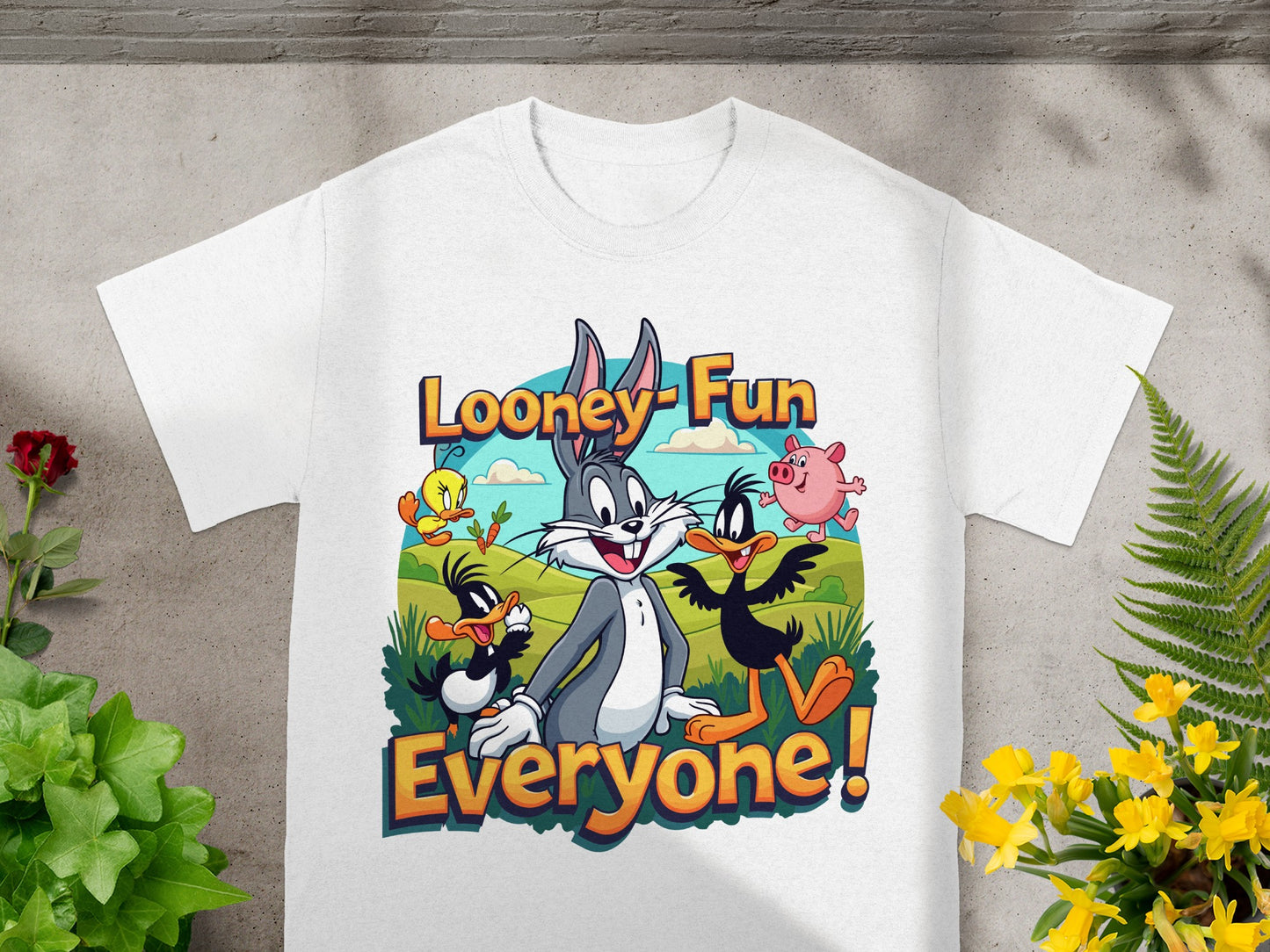 Looney Tunes characters Bugs Bunny, Daffy Duck, and Porky Pig on a "Looney Fun Everyone!" t-shirt.