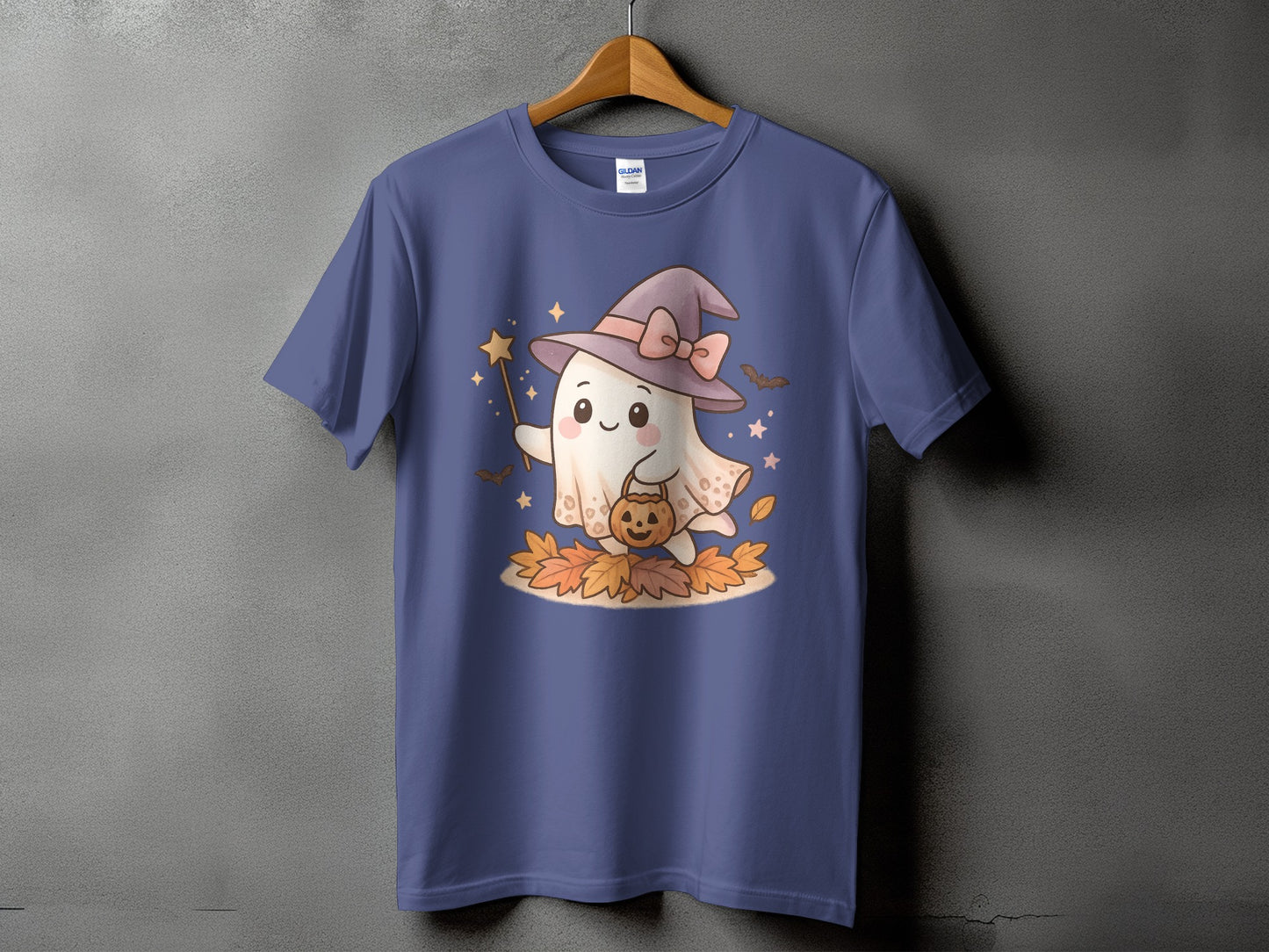 Ghost in witch hat holding pumpkin basket with star wand on autumn leaves.