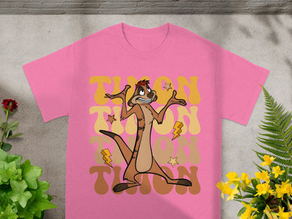 Pink t-shirt with "TIMON" text and cartoon meerkat.