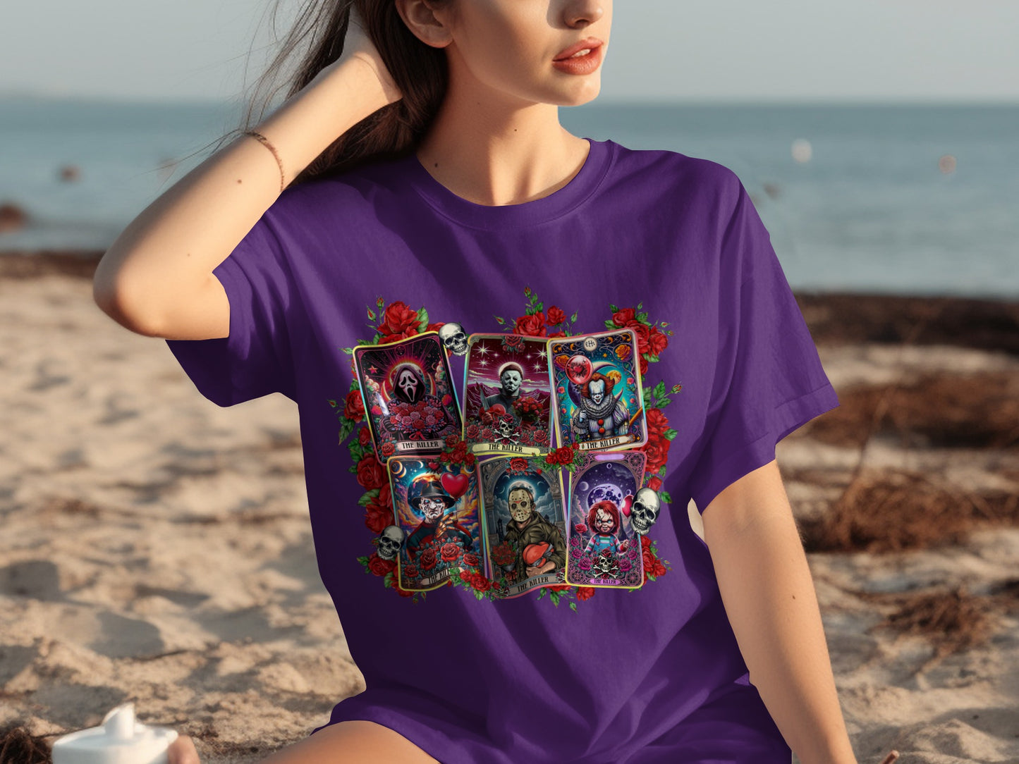 Playing Cards with Floral and Skull Design T-shirt