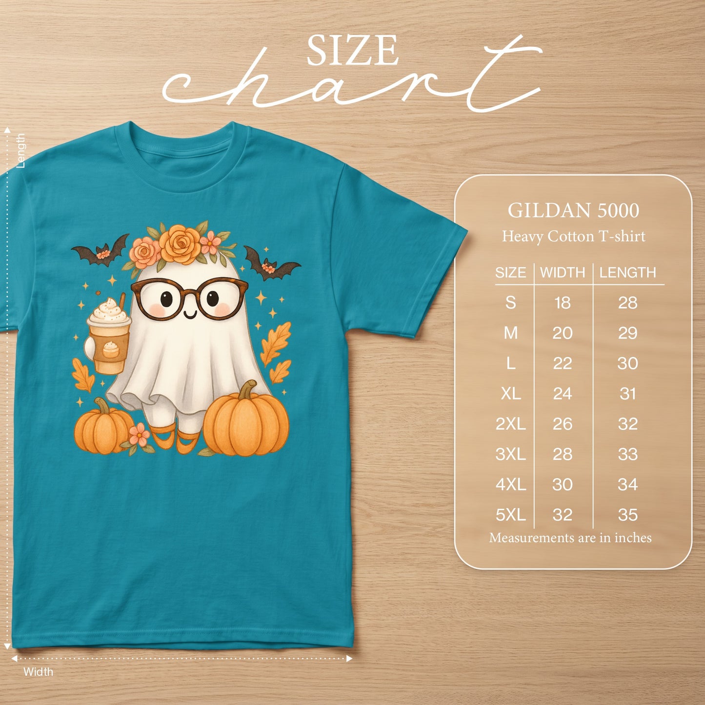 Teal t-shirt with ghost graphic, pumpkins, and size chart.