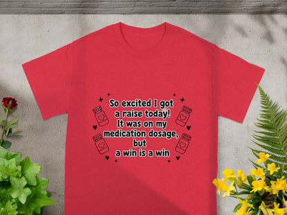 Red t-shirt with black text and medicine bottle graphics.