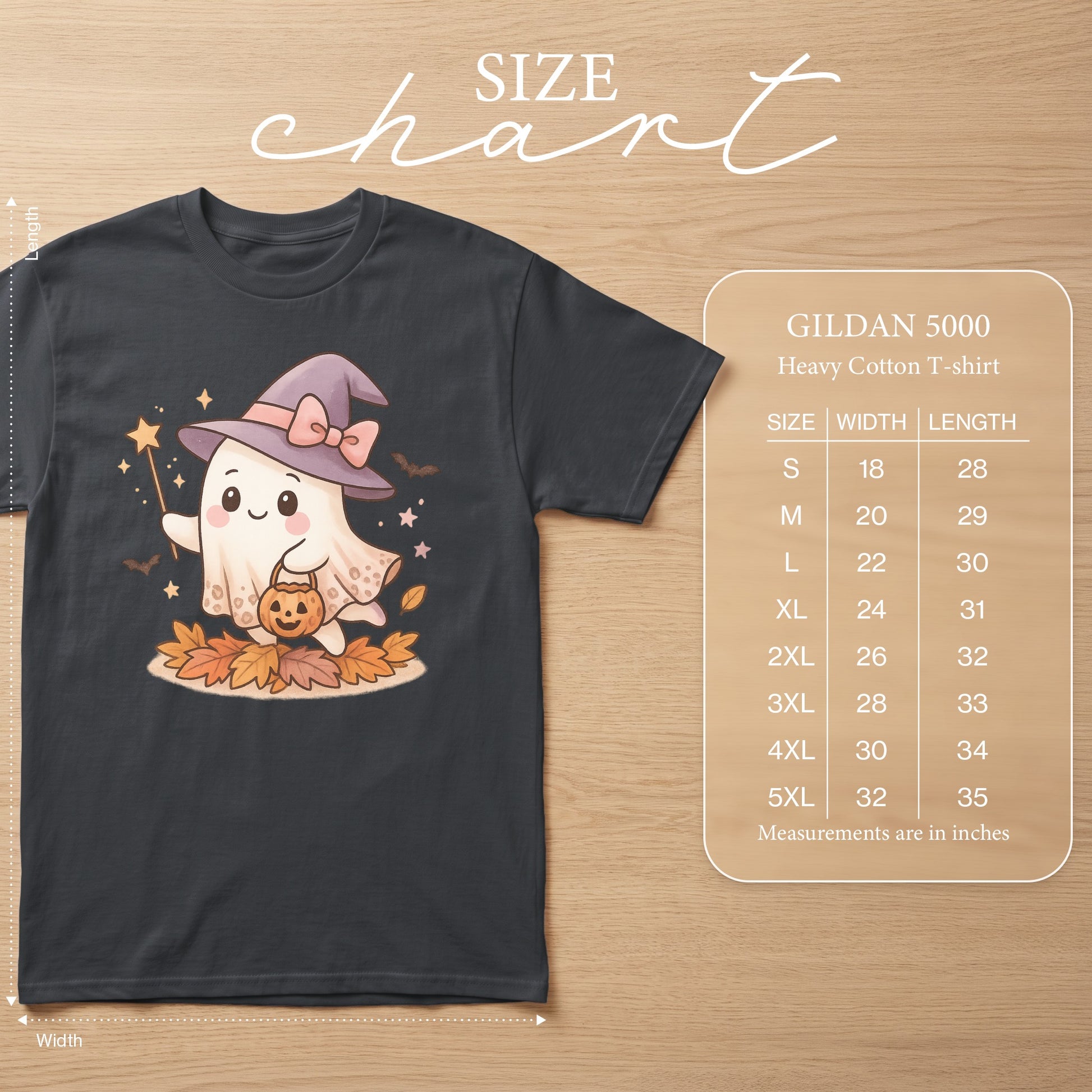 Size chart for Gildan 5000 Heavy Cotton T-shirt with measurements in inches.