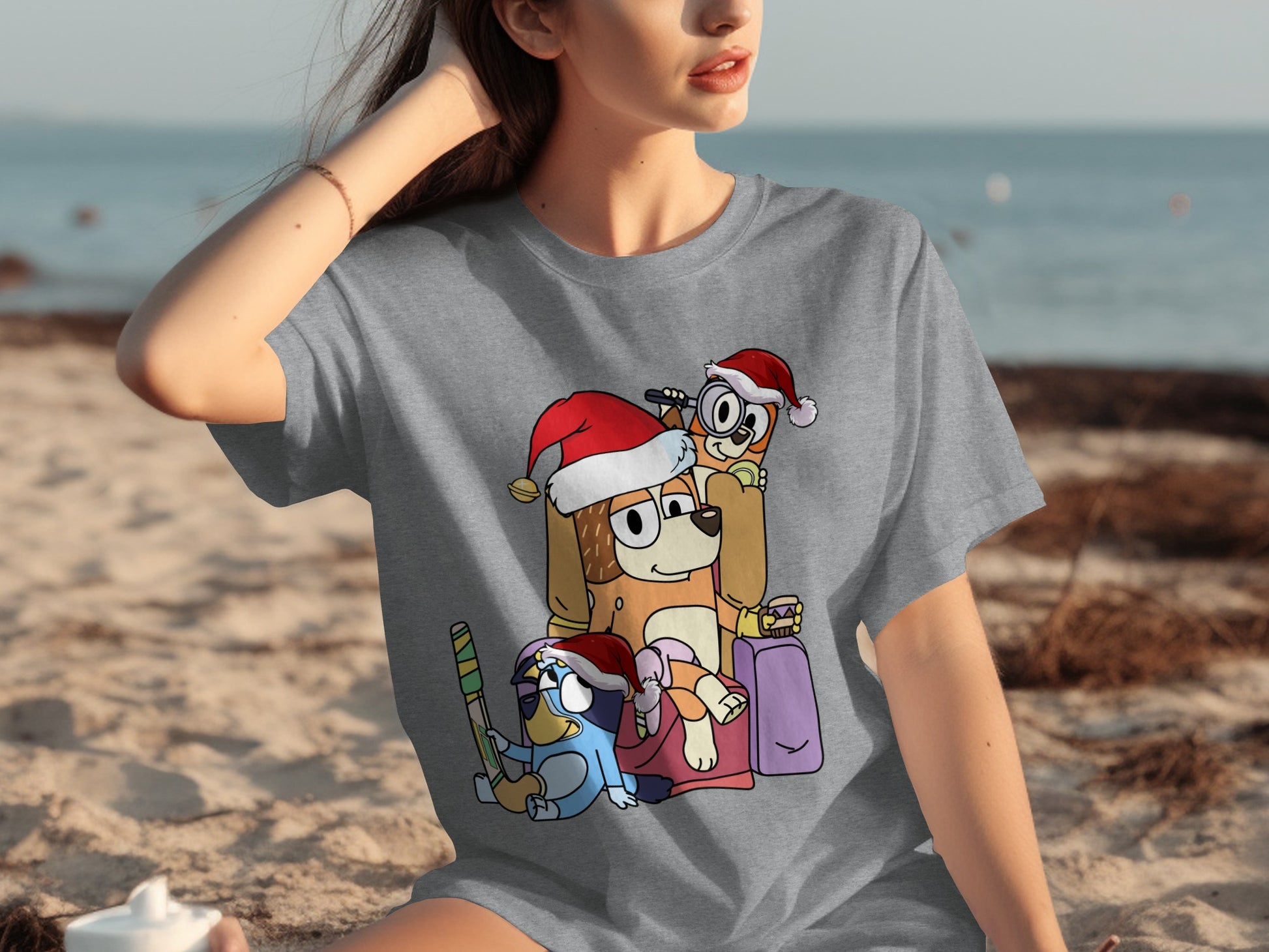 Festive Cartoon Dog Family Tee with Santa Hats Shirt