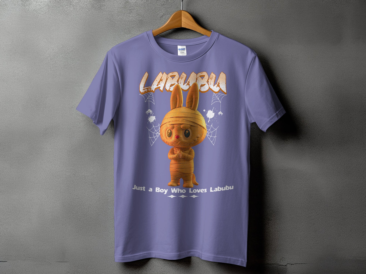 Purple t-shirt with Labubu mummy design and text "Just a Boy Who Loves Labubu".
