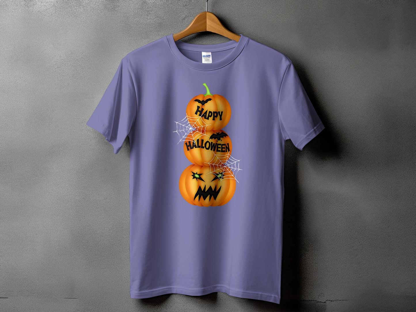 Lavender t-shirt with stacked jack-o'-lanterns and text "Happy Halloween".