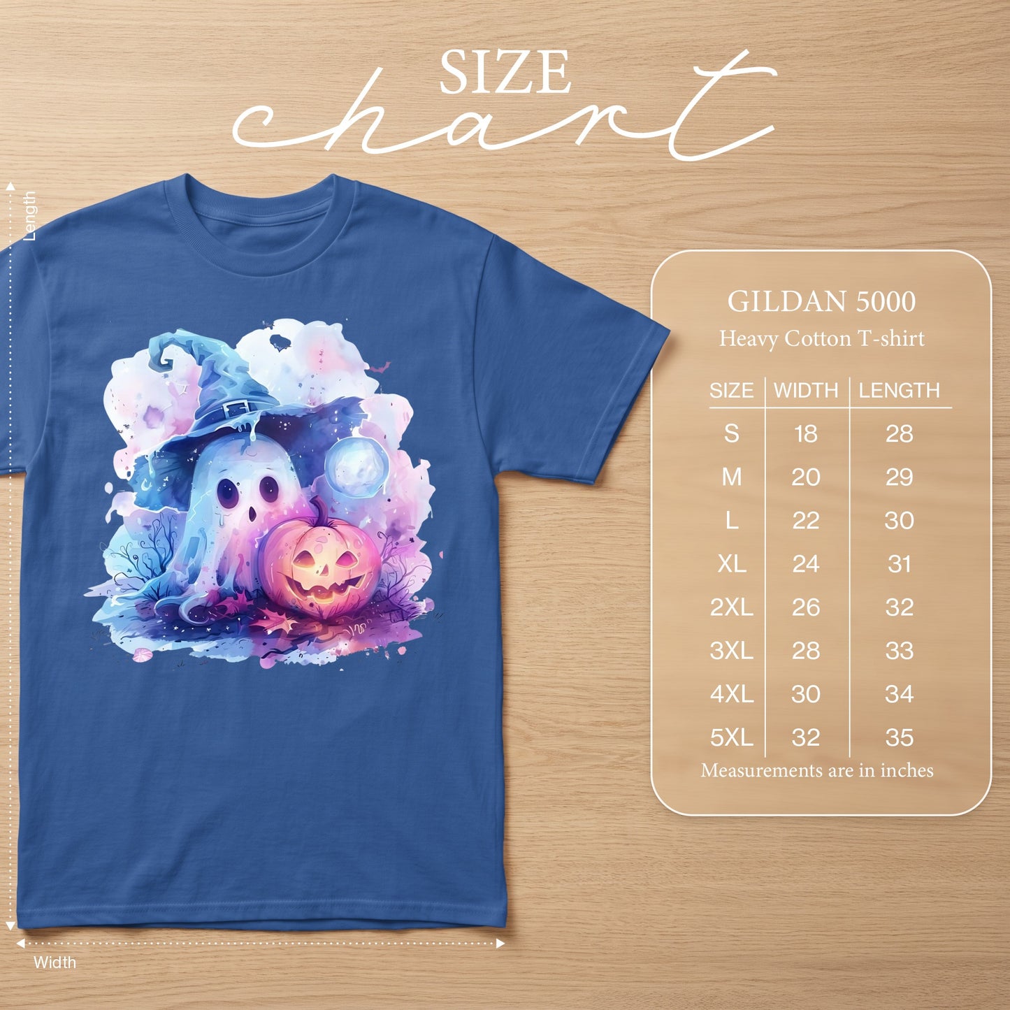 Blue t-shirt with watercolor ghost and pumpkin Halloween graphic, size chart included.