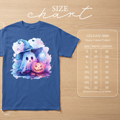 Blue t-shirt with watercolor ghost and pumpkin Halloween graphic, size chart included.