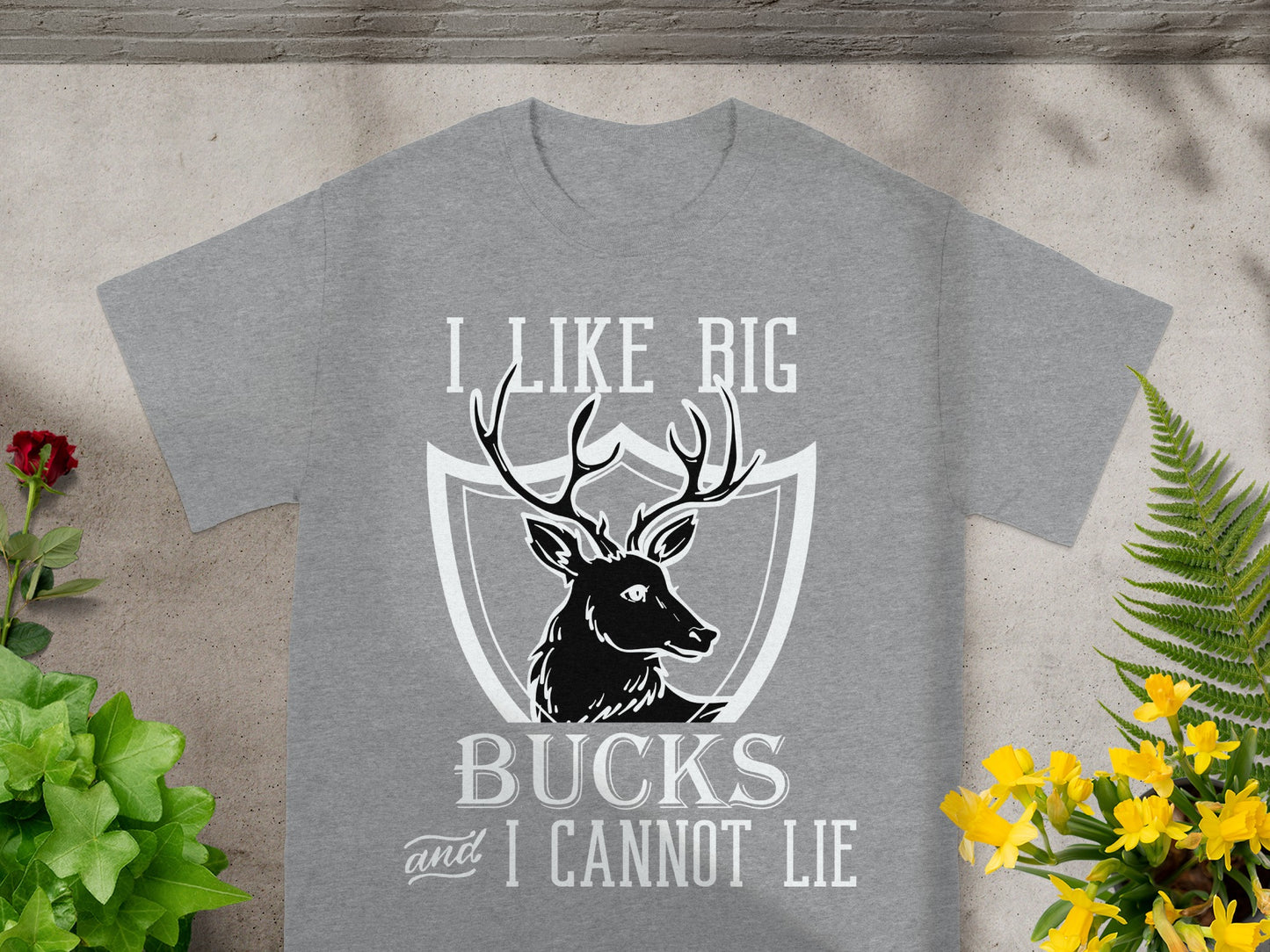Gray t-shirt with "I LIKE BIG BUCKS and I CANNOT LIE" text and deer graphic.