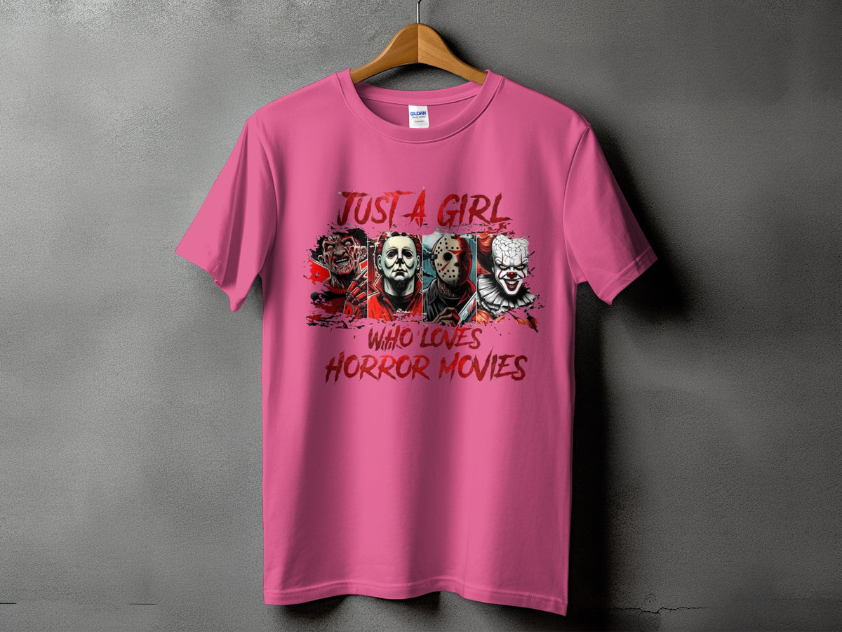 Pink t-shirt with horror movie characters and text "Just A Girl Who Loves Horror Movies."