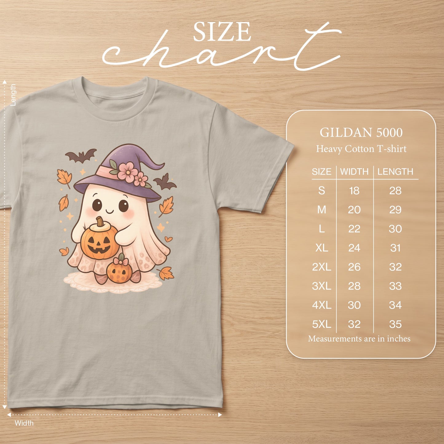 Gildan 5000 Heavy Cotton T-shirt size chart with cute Halloween ghost graphic.