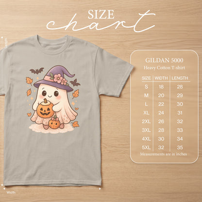 Gildan 5000 Heavy Cotton T-shirt size chart with cute Halloween ghost graphic.