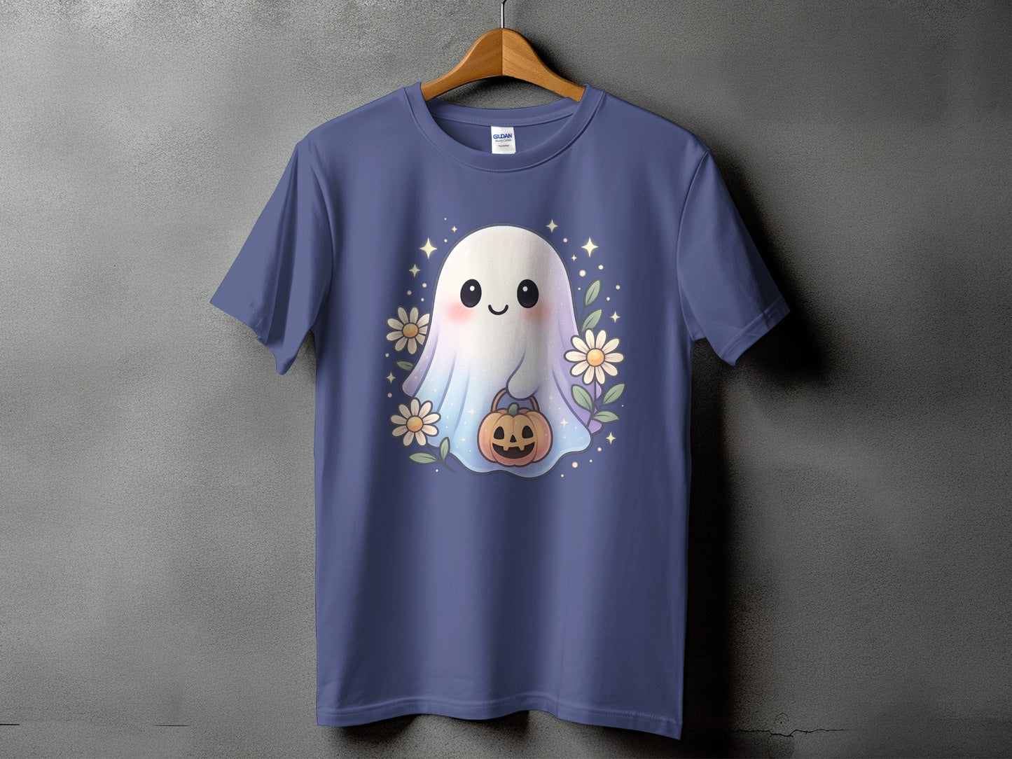 Purple t-shirt with a cute ghost holding a pumpkin and surrounded by flowers.