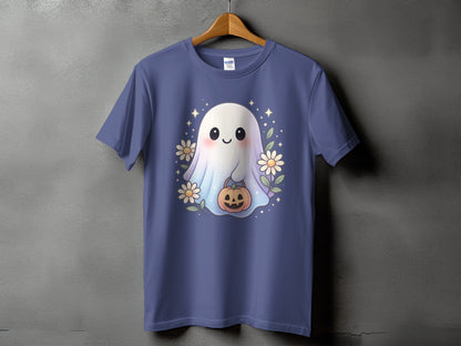 Purple t-shirt with a cute ghost holding a pumpkin and surrounded by flowers.