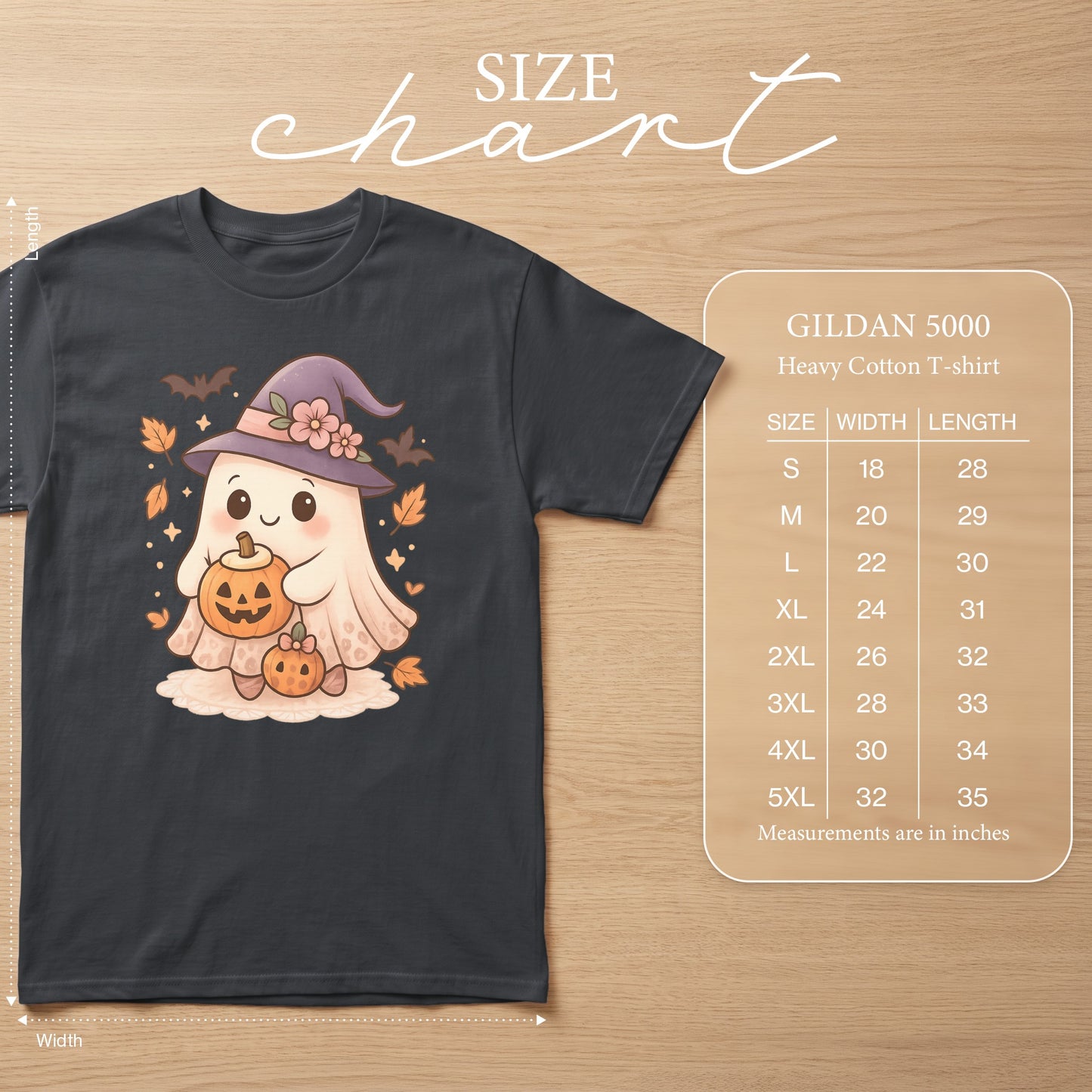T-shirt size chart for Gildan 5000 Heavy Cotton, with measurements in inches.