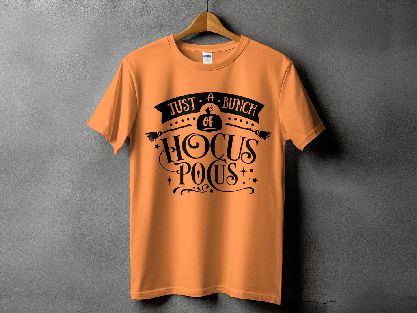 Orange t-shirt with black "Just a bunch of Hocus Pocus" text and Halloween graphics.