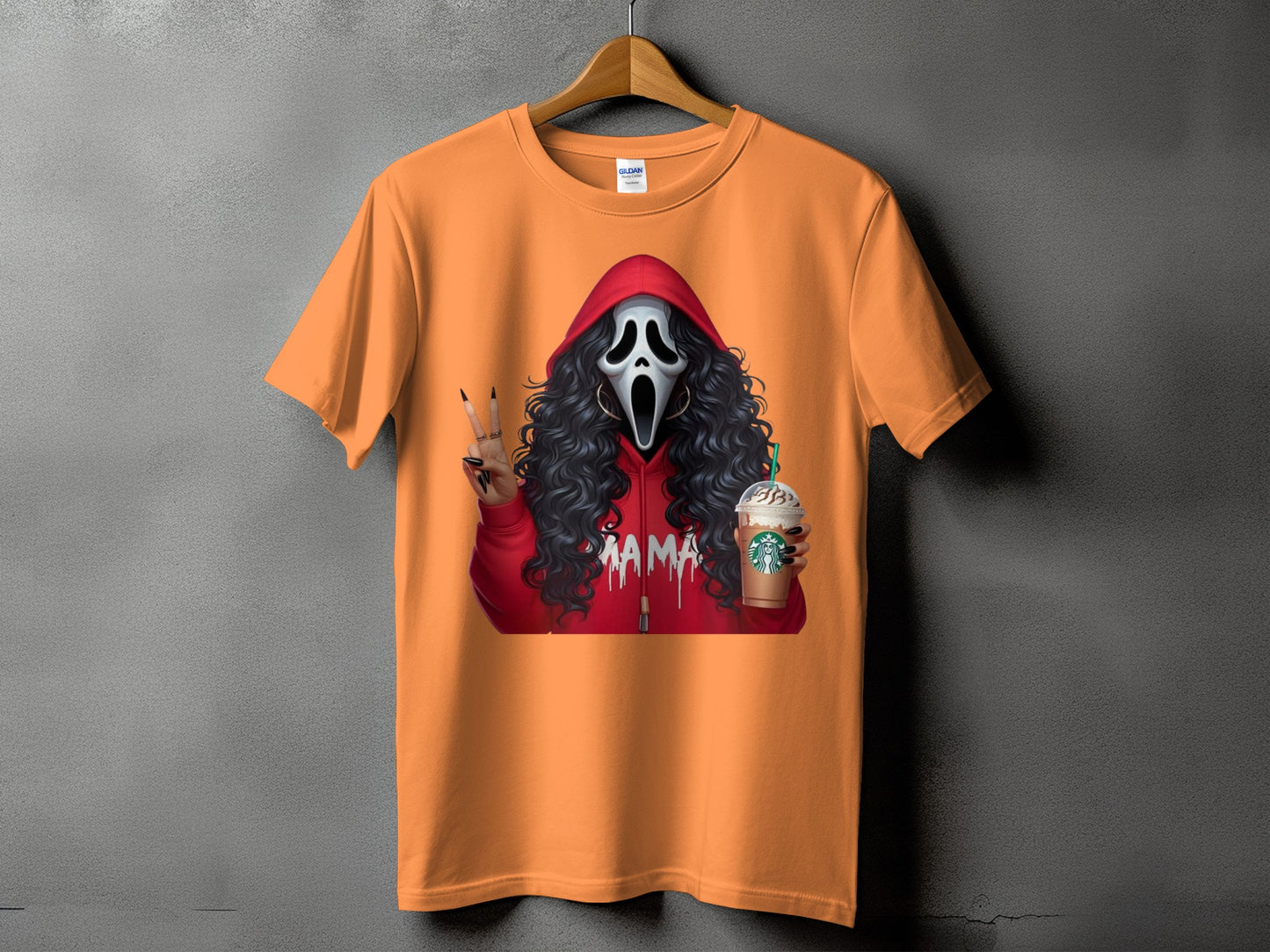 Orange t-shirt with a "Scream" mask character holding a coffee and making a peace sign.