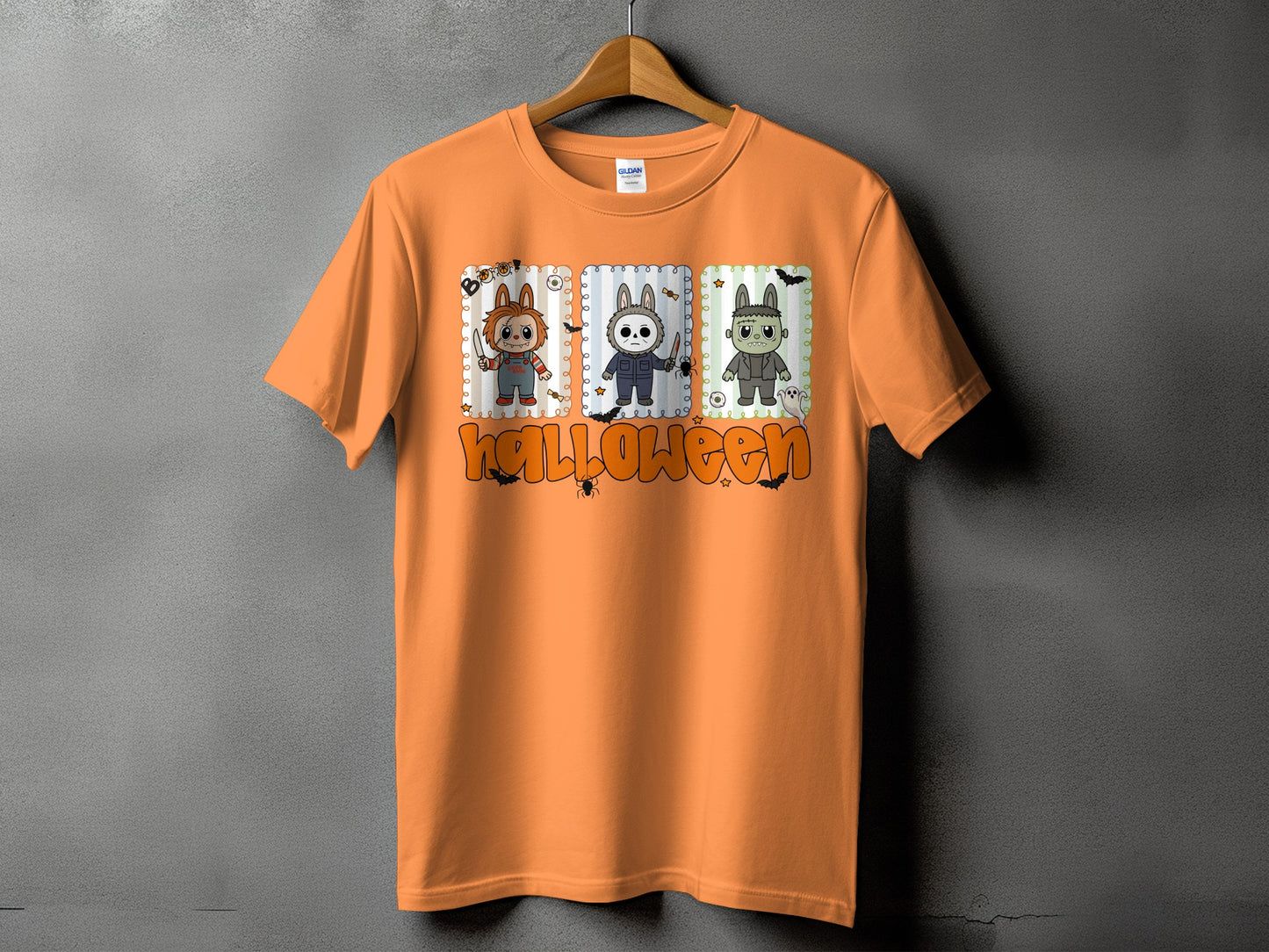 Orange t-shirt with cartoon horror characters and "Halloween" text.