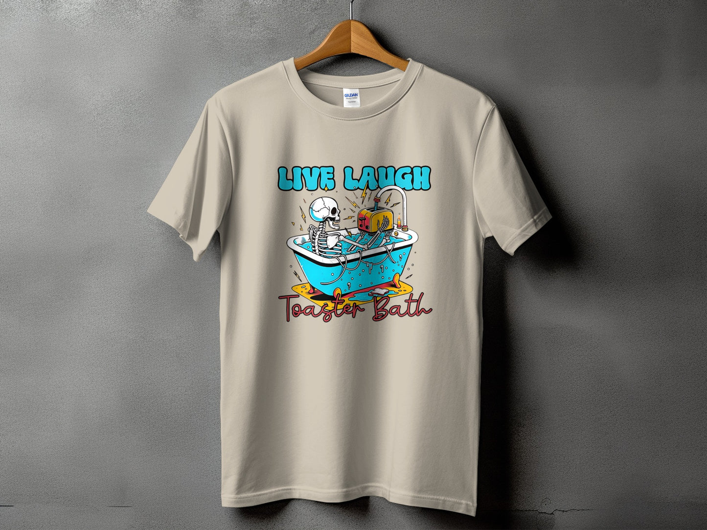 Skeleton in bathtub with toaster graphic, text says "Live Laugh Toaster Bath".