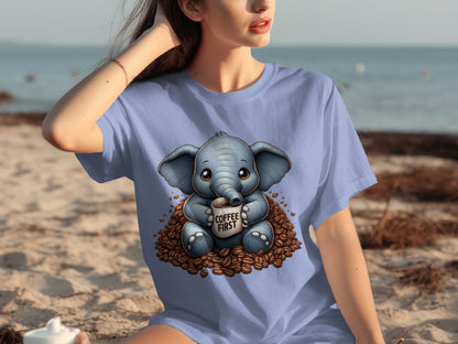 Cute Elephant Drinking Coffee First T-Shirt