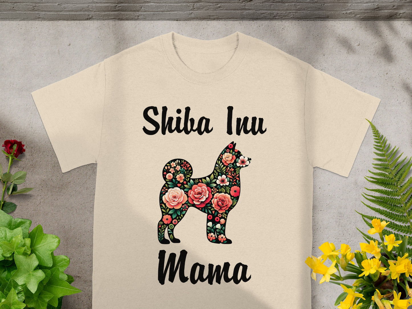 Cream t-shirt with floral Shiba Inu silhouette and text "Shiba Inu Mama".
