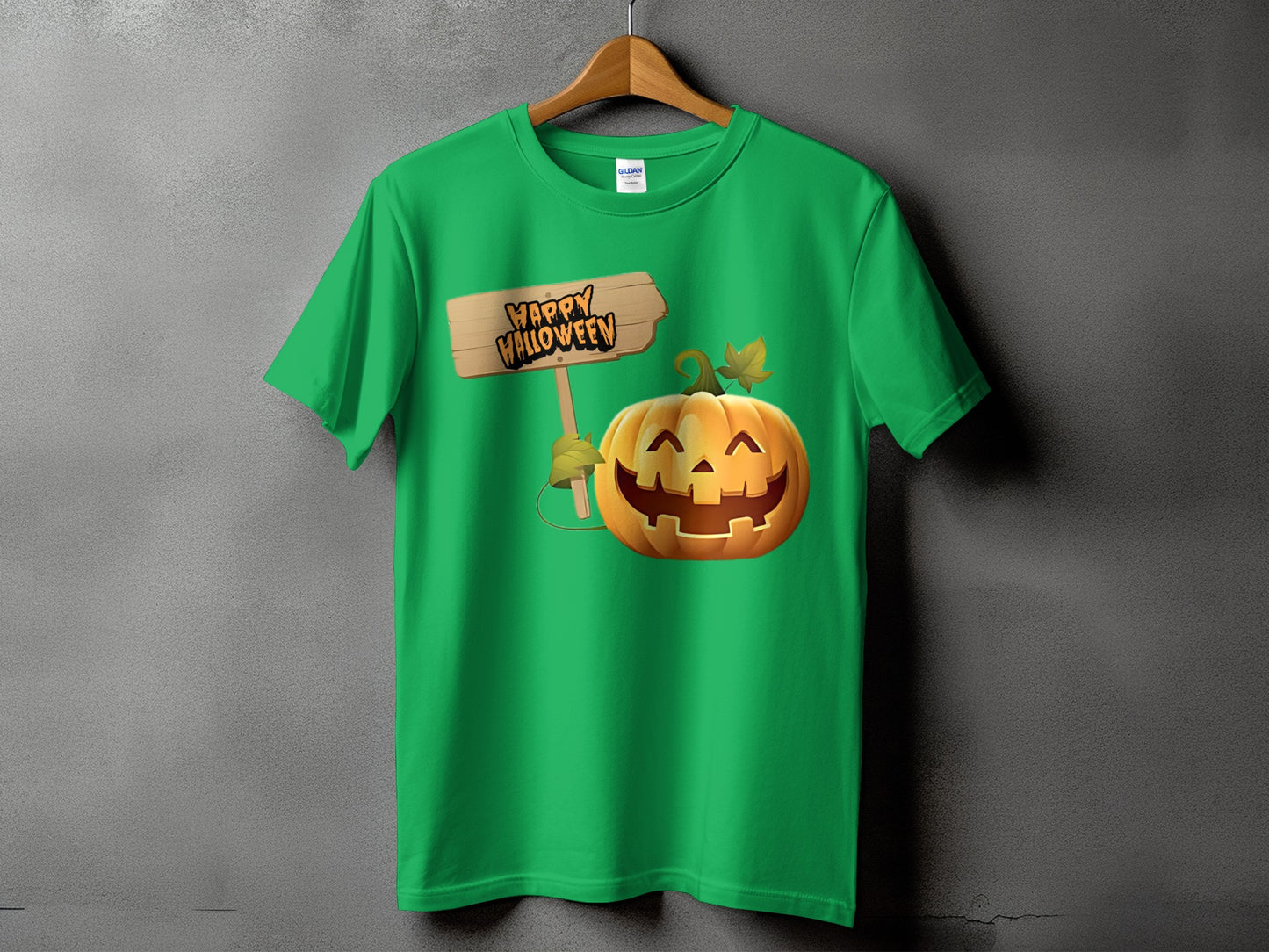 Green t-shirt with a jack-o'-lantern and "Happy Halloween" sign graphic.