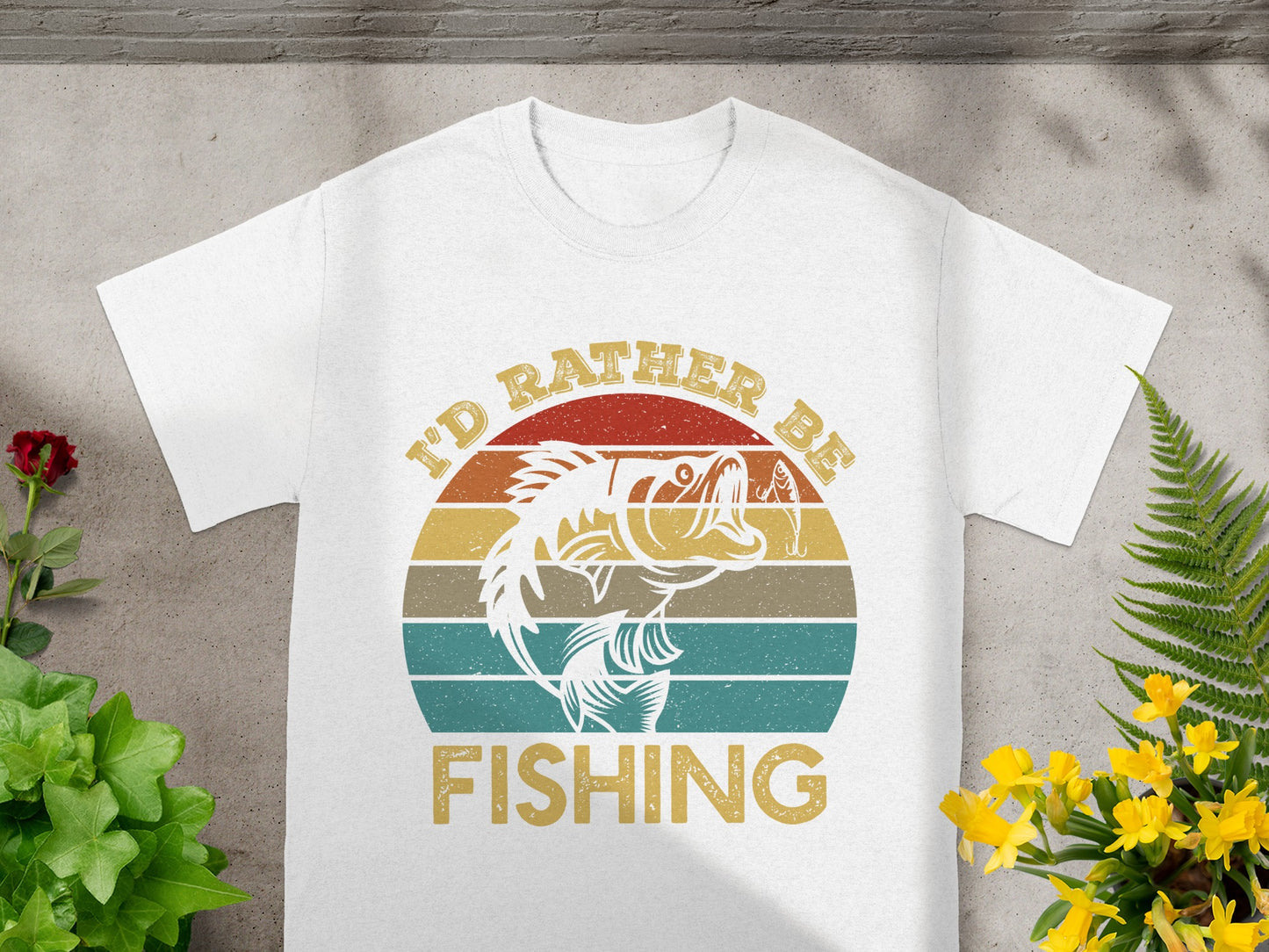 White t-shirt with "I'D RATHER BE FISHING" text and a fish graphic.