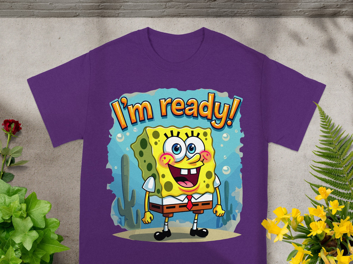 Purple t-shirt with Spongebob Squarepants exclaiming "I'm ready!"