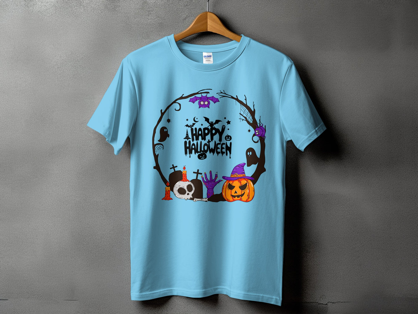 Light blue t-shirt with "A Happy Halloween" text and spooky graphics.