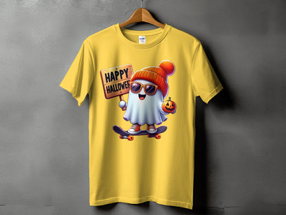 Yellow t-shirt with a ghost graphic holding a "Happy Halloween" sign and a pumpkin.