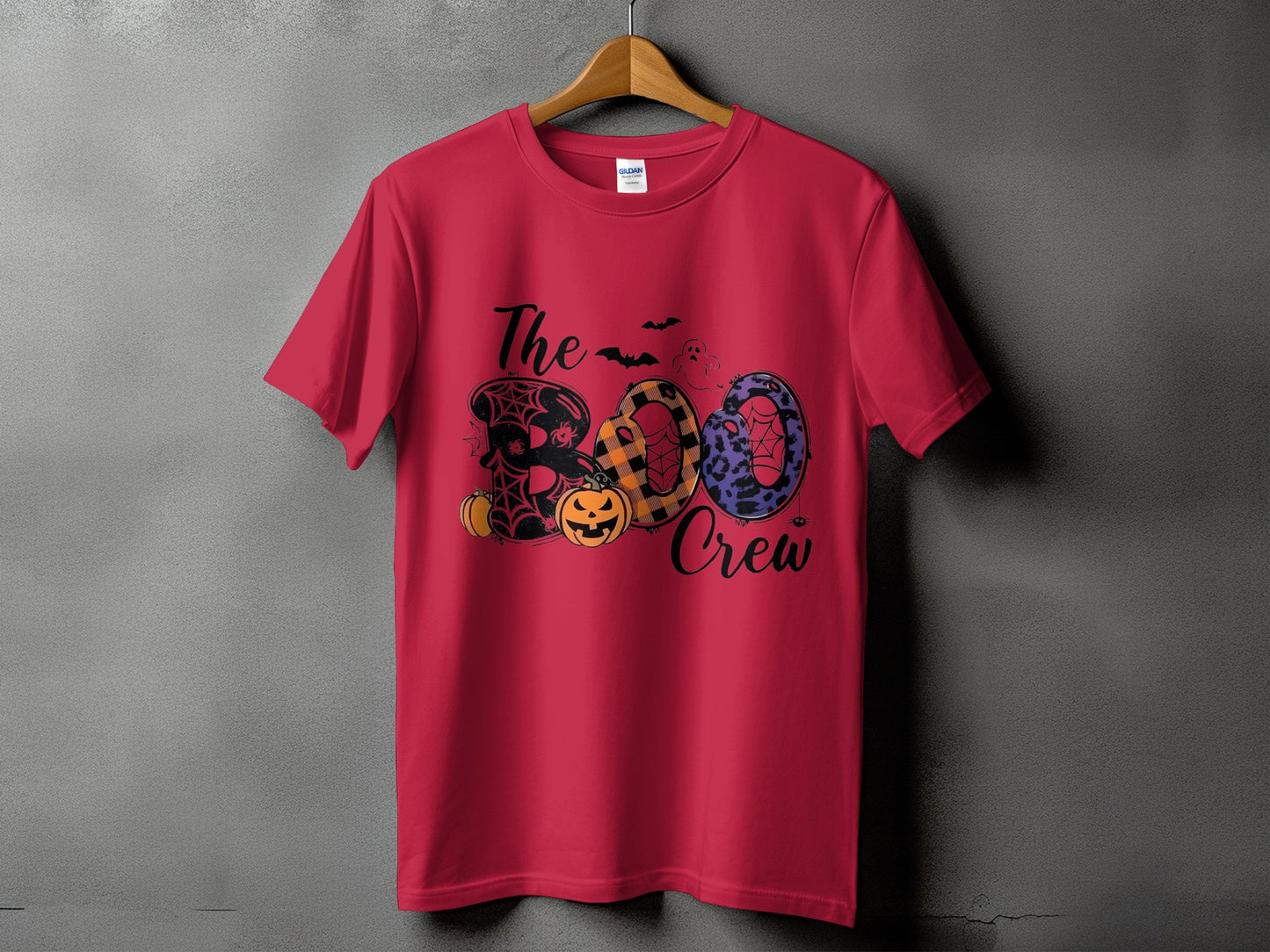 Red t-shirt with "The Boo Crew" Halloween graphic featuring pumpkins and spiders.