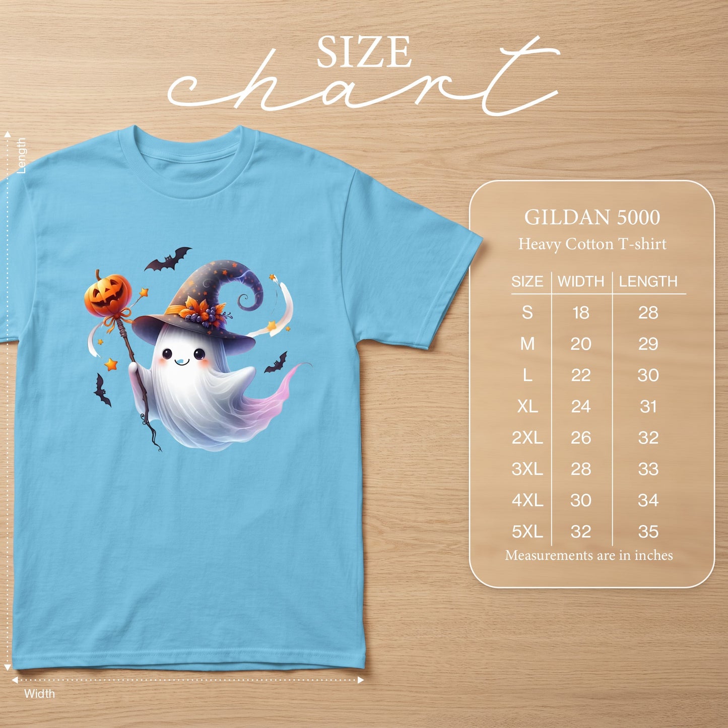 Light blue t-shirt with a cute ghost in a witch hat holding a pumpkin, and a size chart.