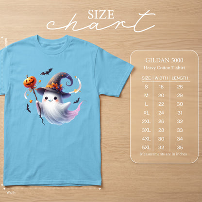 Light blue t-shirt with a cute ghost in a witch hat holding a pumpkin, and a size chart.