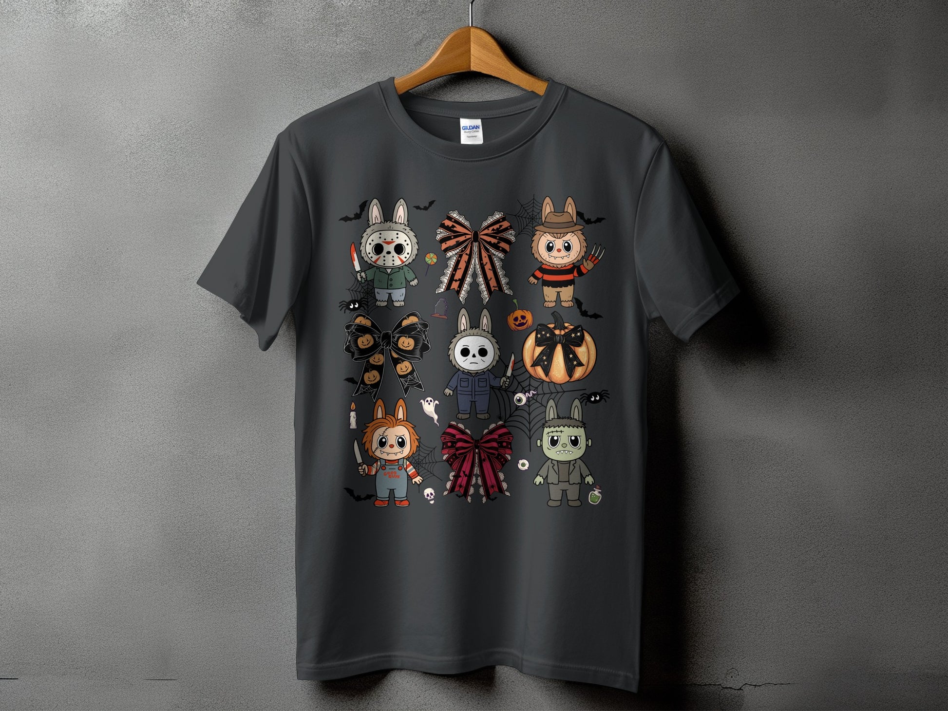 Dark gray t-shirt with a collage of Halloween horror characters depicted as cute bunnies.