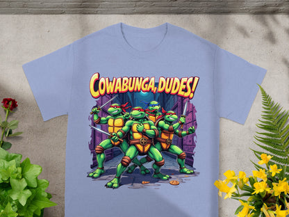 Teenage Mutant Ninja Turtles posing with katanas and "Cowabunga, Dudes!" text.