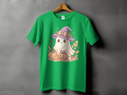 Green t-shirt with a cute ghost wearing a witch hat, holding a pumpkin.