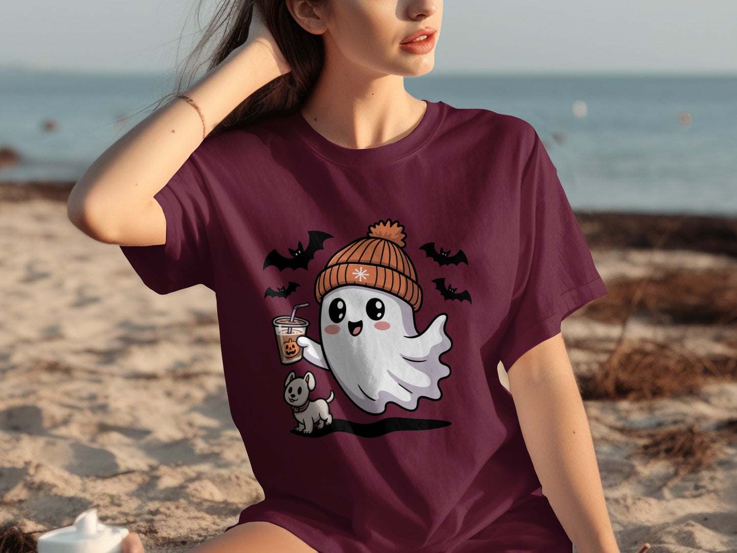 Cute Ghost with Coffee and Dog Graphic Tee Shirt