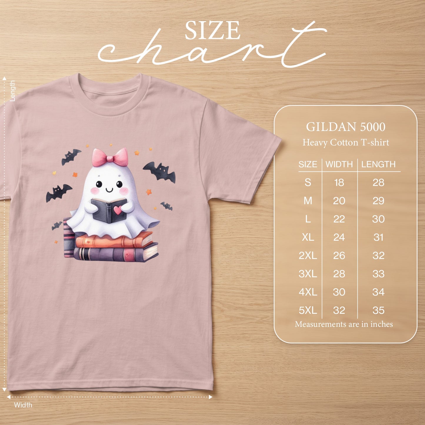 Pink t-shirt with a ghost reading on books and bats, with Gildan 5000 size chart.