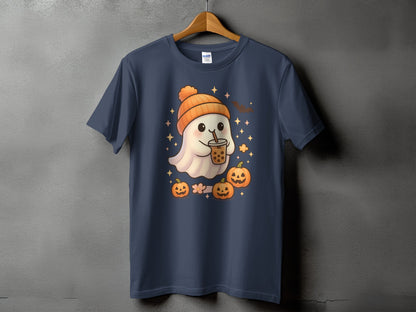 T-shirt with a cute ghost wearing a beanie holding bubble tea and surrounded by pumpkins.