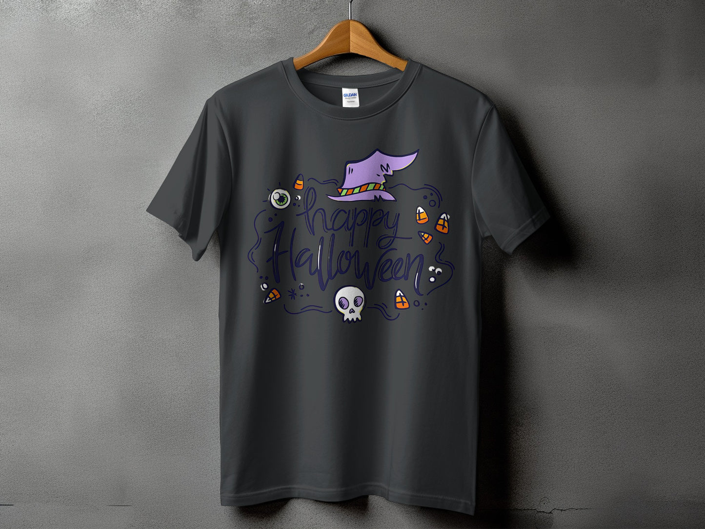 Dark gray t-shirt with a purple witch hat and "Happy Halloween" text.