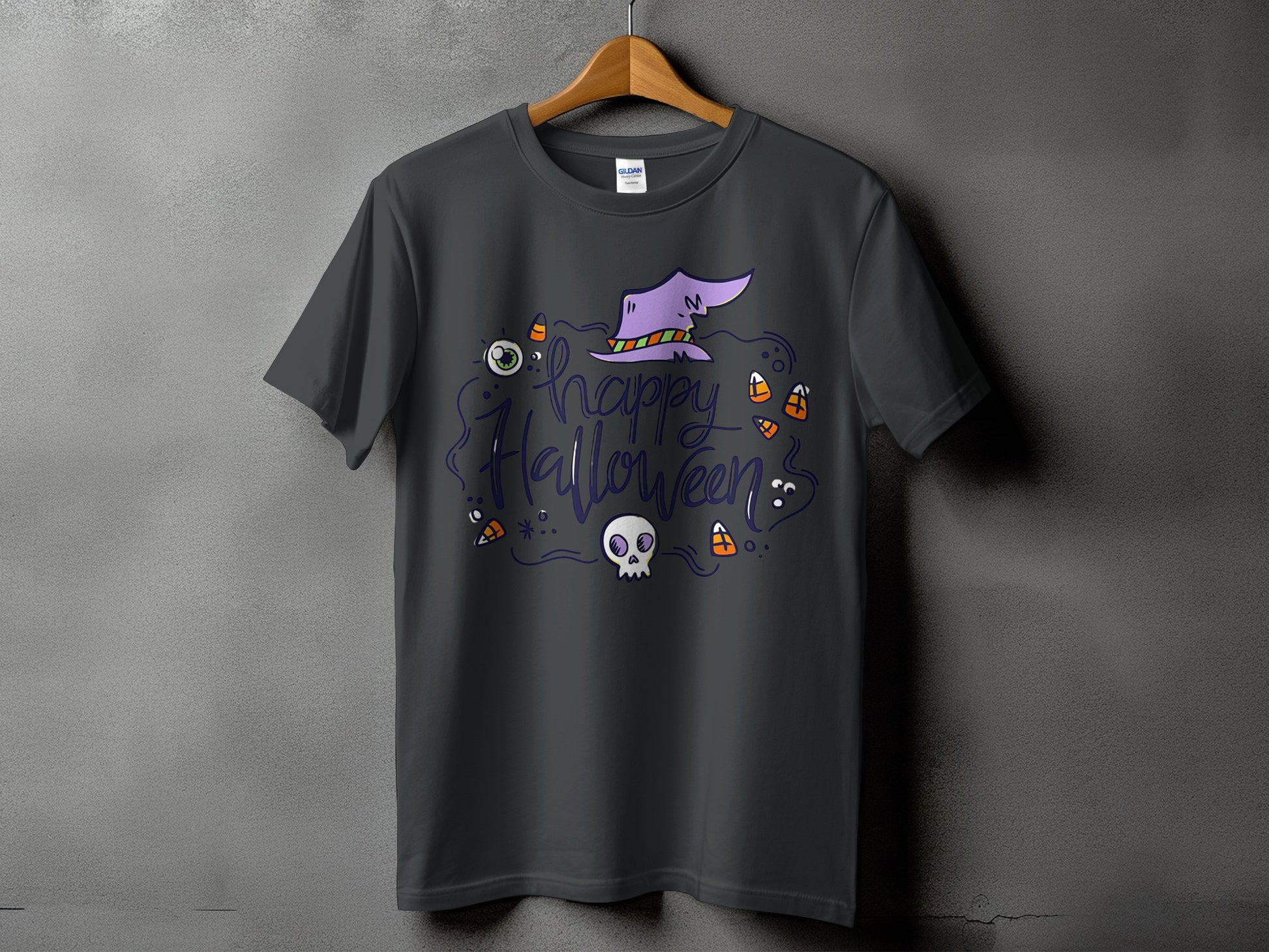 Dark gray t-shirt with a purple witch hat and "Happy Halloween" text.